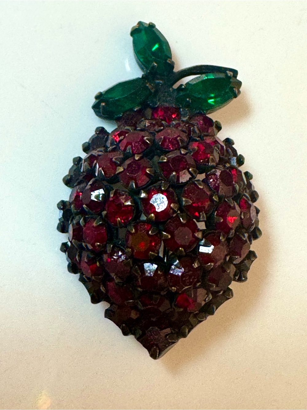 Vintage Ruby Red and Emerald Green Rhinestone Strawberry Brooch Marked “Warner”